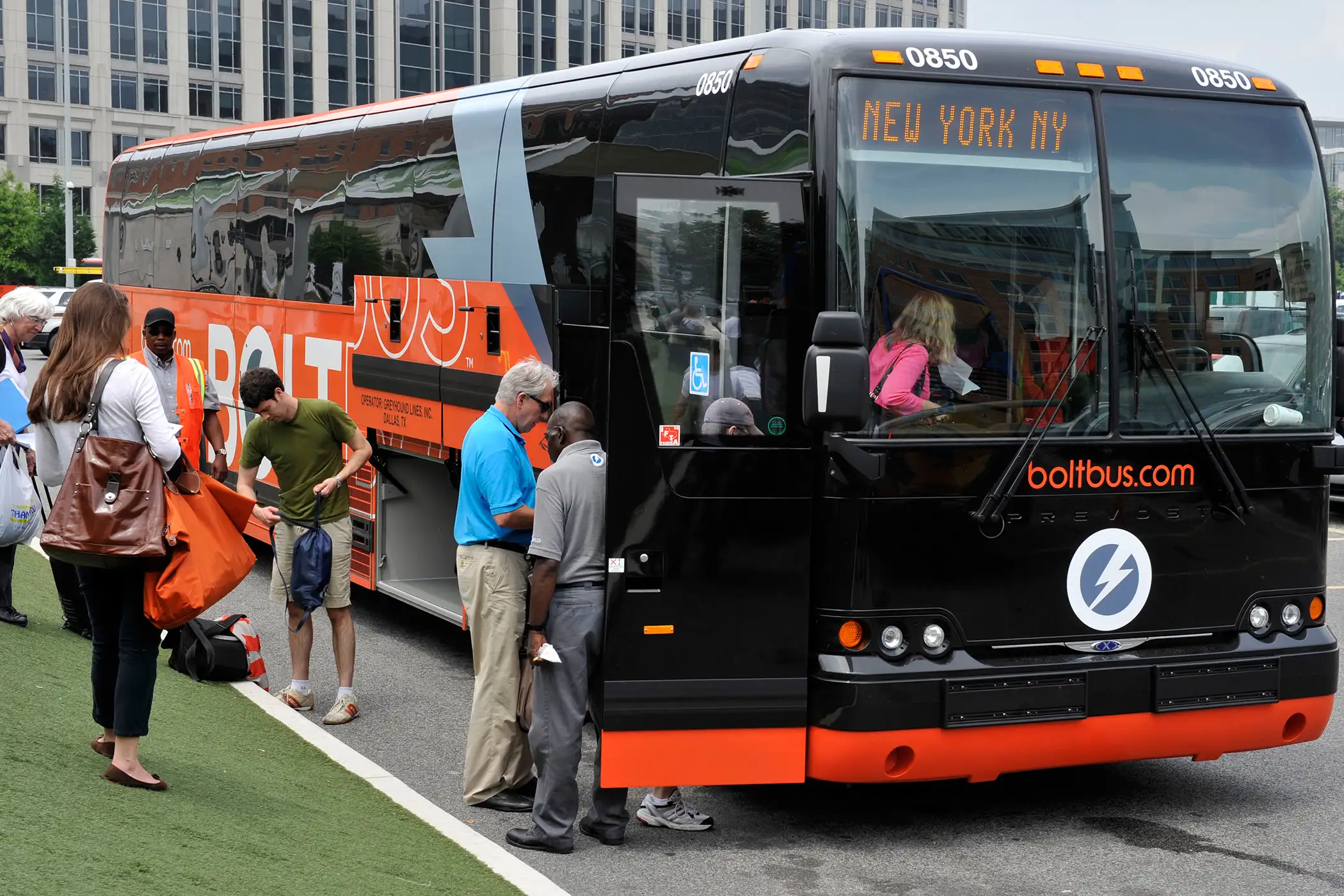 Passengers board a Bolt bus to New York in Washington, D.C.
