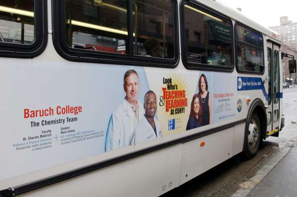 Advertisement for Baruch College of CUNY on the side of a NYC transit bus