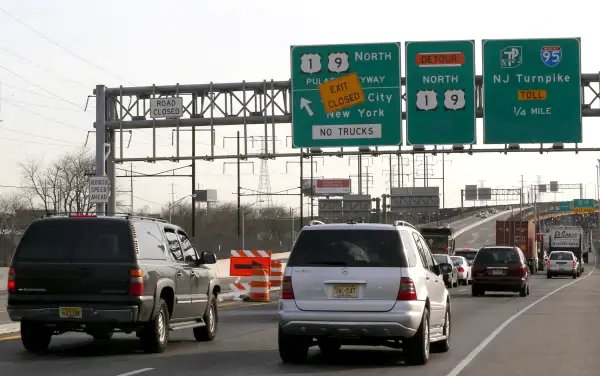 Vehicles on the Pulaski Skyway at the entrance to the New Jersey Turnpike near Newark, New Jersey