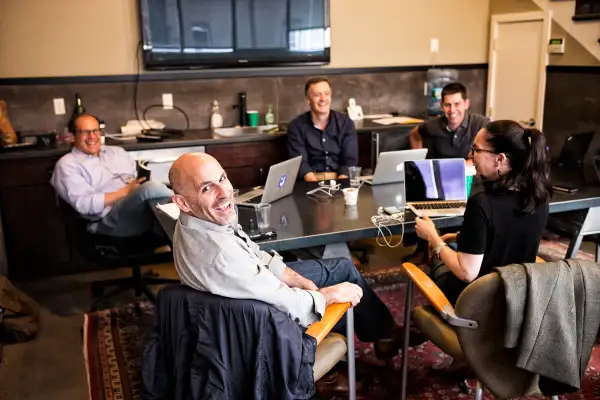 Marc Lore, CEO of new e-commerce site jet.com and his team during a meeting in the conference room at jet.com headquarters on Apr. 28, 2015 in Montclair, NJ.