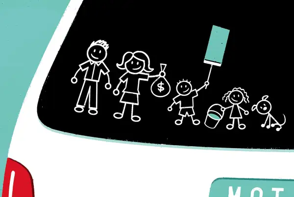 illustration of stick figure drawing of family on back window of car with kid with paint roller