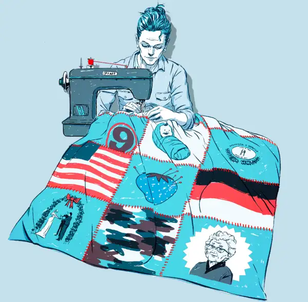 illustration of woman using sewing machine to make quilt