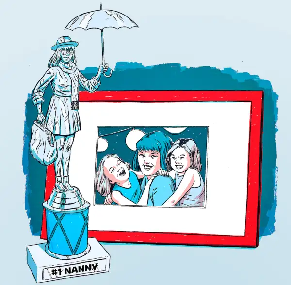 Illustration of Nanny with kids and trophy next to picture