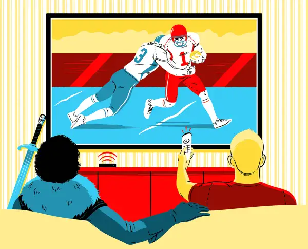 illustration of people on sofa watching sports on TV