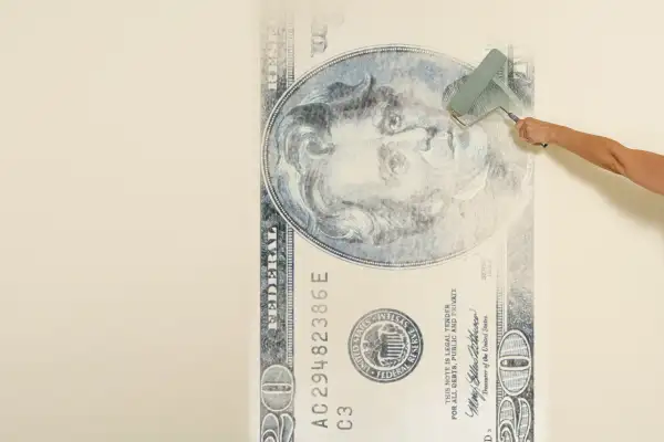 woman painting $20 bill on wall with roller