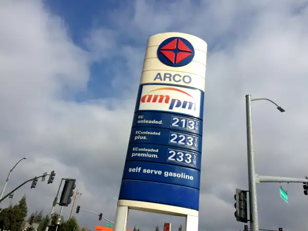 Arco gas station, Riverbank, Stanislaus County, California, January 21, 2015.