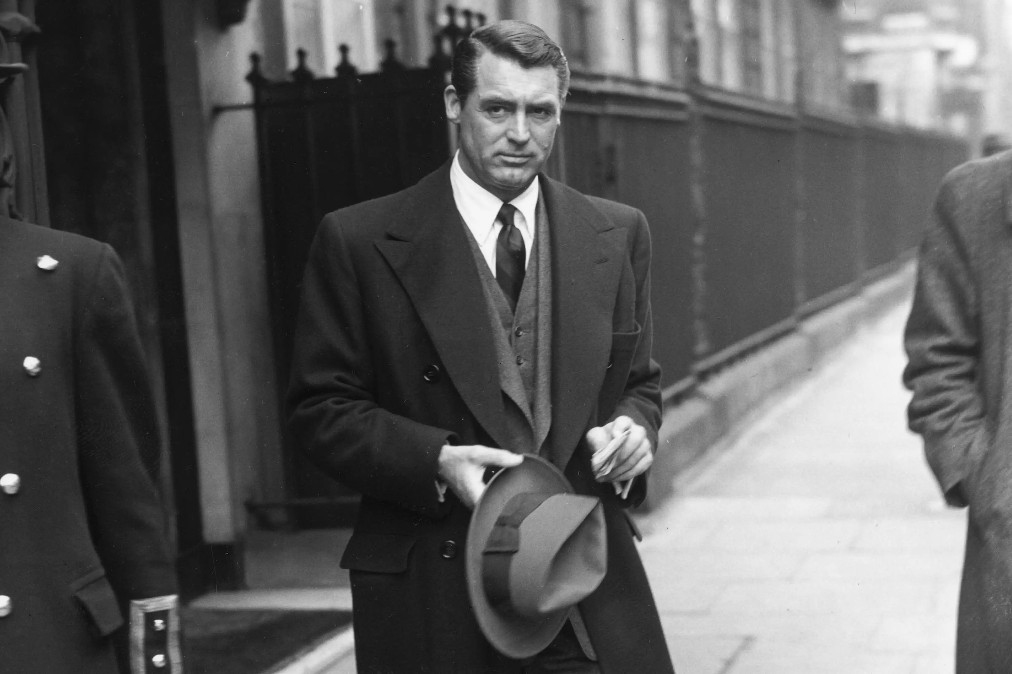 English-born actor Cary Grant leaving his London hotel, April 24, 1946.