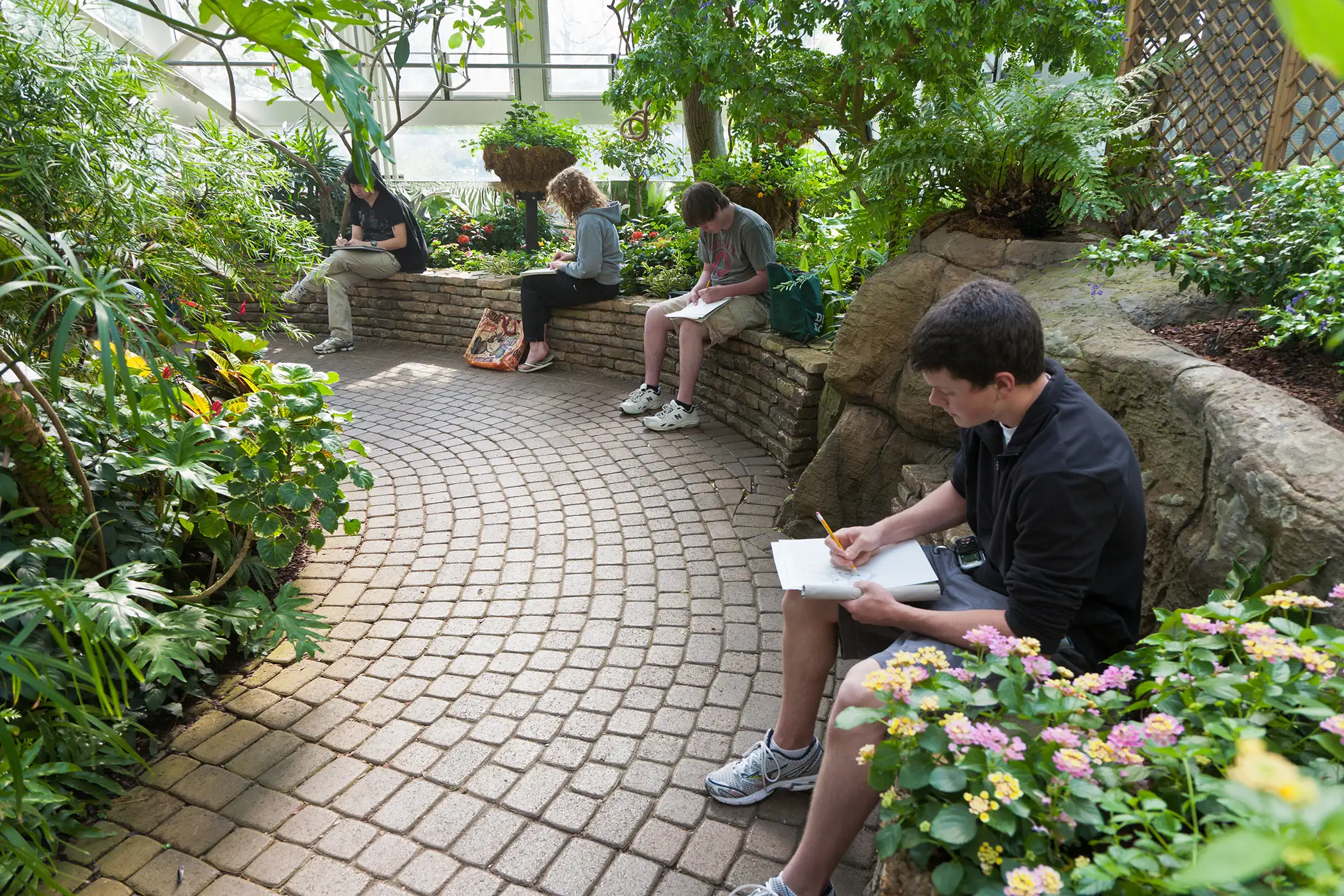Art students drawing plants in the Conservatory at Franklin Park in Columbus