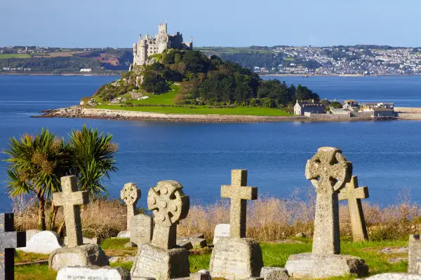 Cemetery with St. Michael's Mount in the background, Cornwall, England, United Kingdom