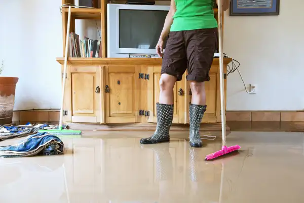 woman trying to sweep up flood