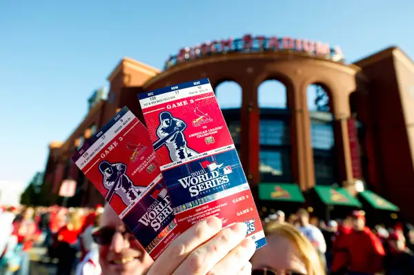 A detail shot of a pair of World Series Game 3 tickets outside of Busch Stadium before Game 3 of the 2013 World Series between the St. Louis Cardinals and the Boston Red Sox at Busch Stadium on Saturday, October 26, 2013 in St. Louis, Missouri.