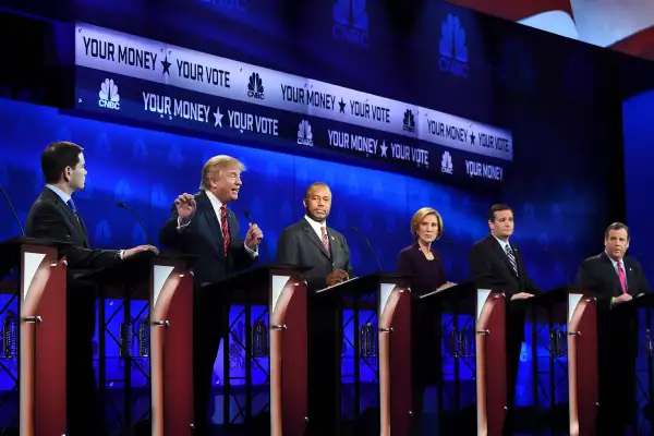 Republican Presidential hopeful Donald Trump (2L) speaks as Marco Rubio (L), Ben Carson (C), Carly Fiorina (2R), and Ted Cruz look on during the CNBC Republican Presidential Debate, October 28, 2015 at the Coors Event Center at the University of Colorado in Boulder, Colorado.
