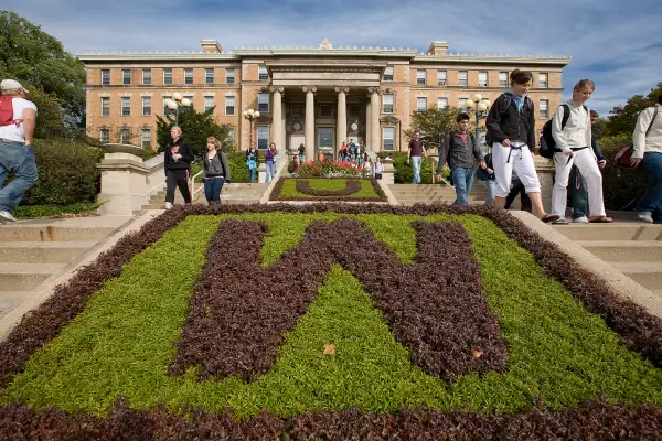 Students make their way between classes on the steps of Agricultural Hall at the University of Wisconsin-Madsion on October 17, 2007.