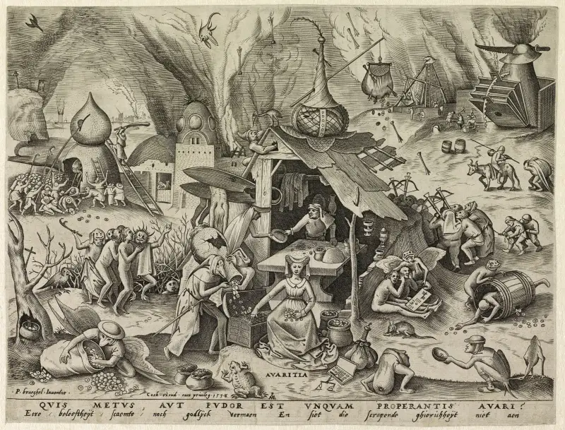 151116_INV_DevilsGuide_Avarice “Avarita (Greed),” Pieter van der Heyden after Pieter Bruegel the Elder, engraving, 1558, Rijksmuseum, Amsterdam