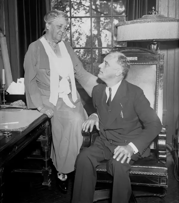 Mrs. James Roosevelt gives her son, Governor Franklin D. Roosevelt, some motherly advice at their estate in Hyde Park, New York, October 18, 1932. Mrs. Roosevelt was the  First Mother of the United States,” and was the only living mother of a president for about a decade.