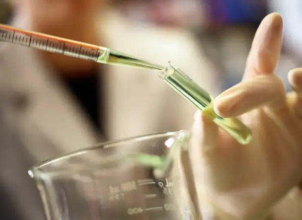 person pipetting liquid into test tube