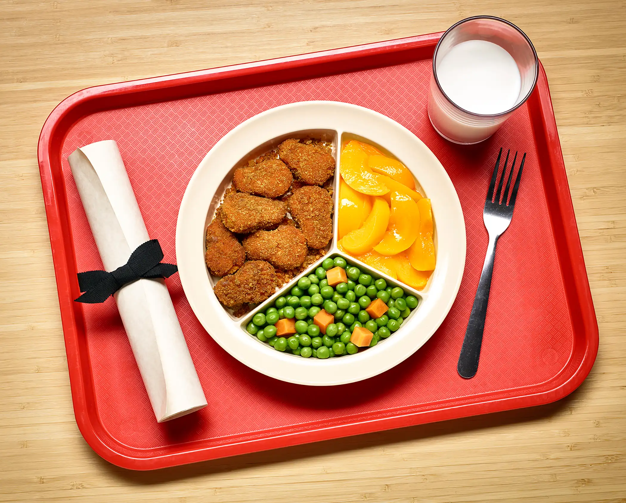 school lunch divided into pie chart with diploma