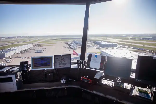 Computers sit on the counter at O'Hare's new Satellite South air traffic control tower on October 14, 2015 in Chicago, Illinois. The 209-foot tower manages air traffic for O'Hare's new 10R/28L runway.