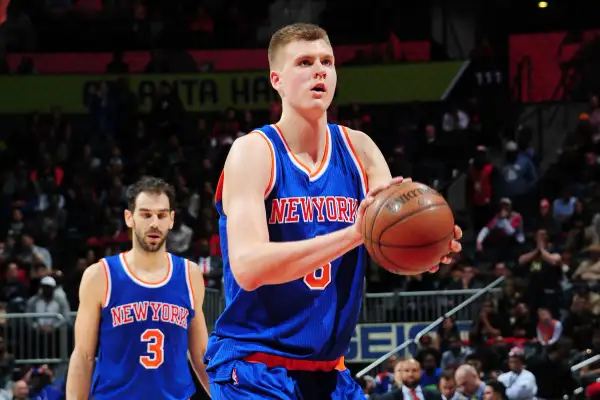 Kristaps Porzingis #6 of the New York Knicks shoots against the Atlanta Hawks during the game on January 5, 2016 at Philips Arena in Atlanta, Georgia.