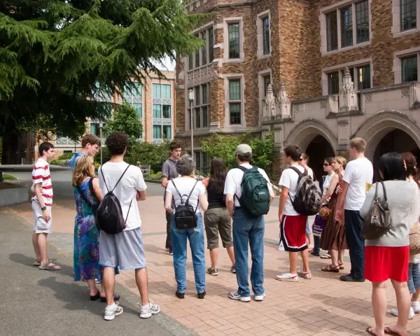 Parents and prospective students on student-led admissions office tour of University of Washington Seattle campus, August 2, 2008.