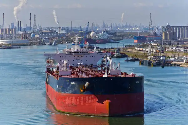 The tanker Maria sails out of the Port of Corpus Christi after discharging crude oil at the Citgo refinery in Corpus Christi, Texas, on January 7, 2016.