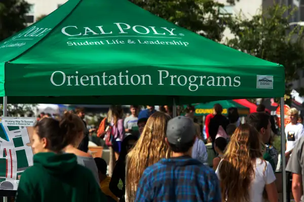 Groups of students receive materials during new student orientation on the campus of California Polytechnic State University San Luis Obispo (Cal Poly SLO) in San Luis Obispo, California, on September 20, 2013.
