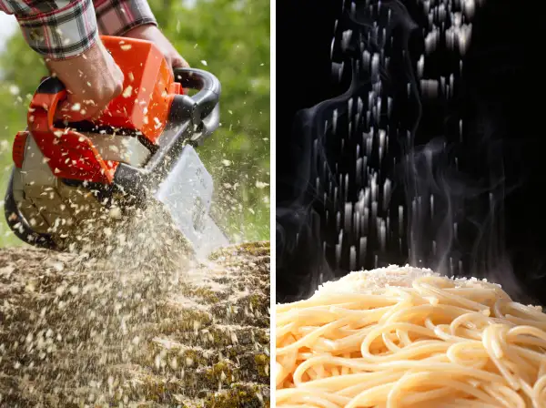 diptych of chainsaw with sawdust and parmesan cheese on pasta