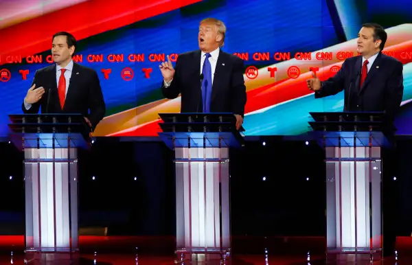 Republican U.S. presidential candidates (L-R) U.S. Senator Marco Rubio, Donald Trump and Senator Ted Cruz speak at the debate sponsored by CNN for the 2016 Republican U.S. presidential candidates in Houston, Texas, February 25, 2016.