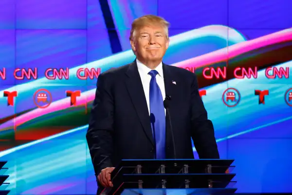 Republican U.S. Presidential candidate Donald Trump participates in the debate sponsored by CNN for the 2016 Republican U.S. presidential candidates in Houston, Texas, February 25, 2016.