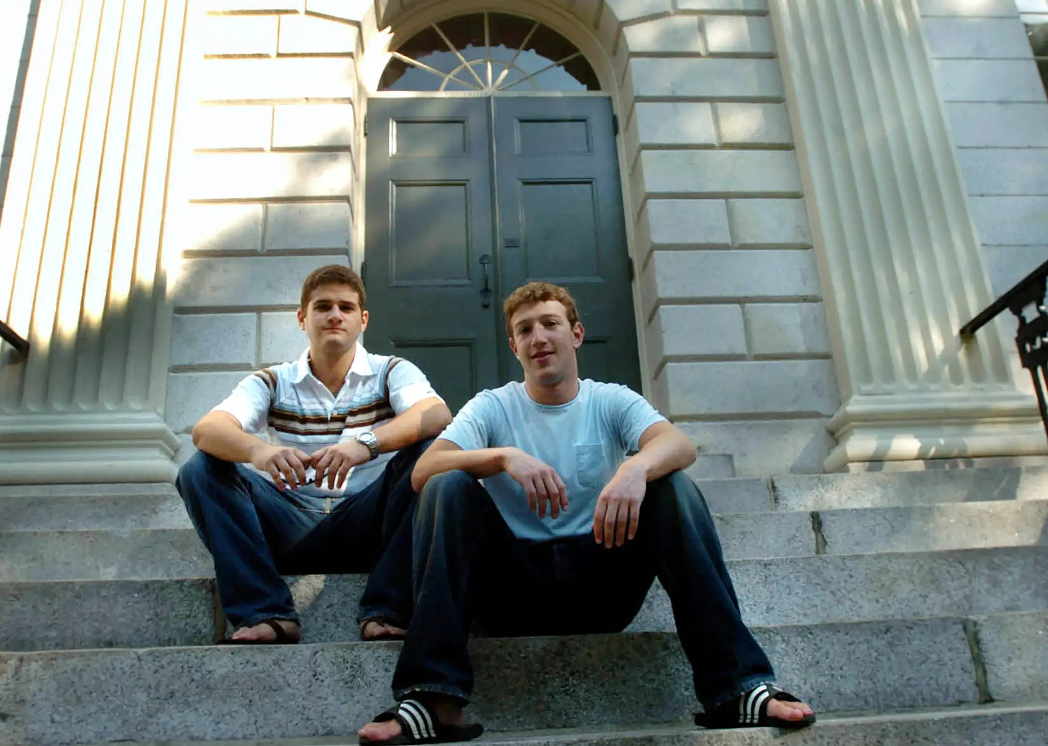 Facebook co-founders Mark Zuckerberg, right, and Dustin Moscovitz, left; at Harvard University in 2004, when they were roommates who'd just launched thefacebook.com