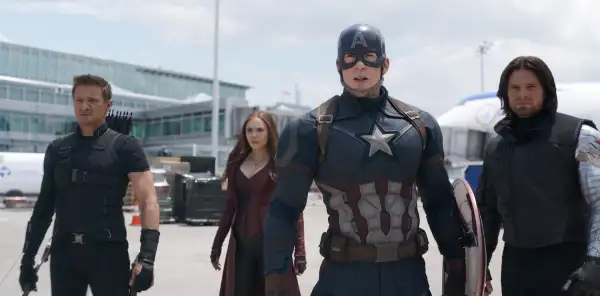 Marvel's Captain America: Civil War. L to R: Hawkeye/Clint Barton (Jeremy Renner), Scarlet Witch/Wanda Maximoff (Elizabeth Olsen), Captain America/Steve Rogers (Chris Evans), and Winter Soldier/Bucky Barnes (Sebastian Stan).