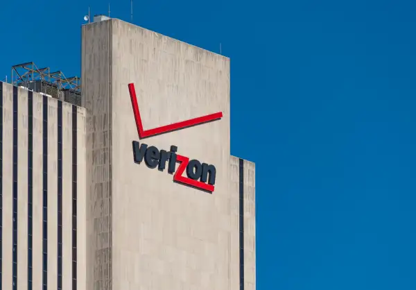 Verizon signage and logo on its building at 375 Pearl Street, New York City, October 17, 2015.