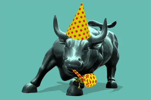 bull statue with birthday hat and horn