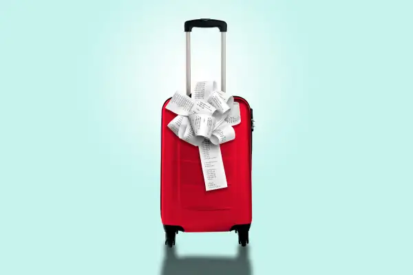 rolling suitcase with gift wrapped bow of receipt tape on it