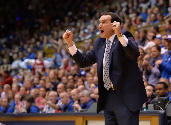 Head coach Mike Krzyzewski of the Duke Blue Devils directs his team during their game against the North Carolina State Wolfpack at Cameron Indoor Stadium on February 6, 2016 in Durham, North Carolina. Duke won 88-80.