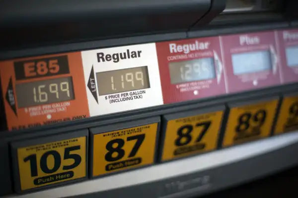 A gas pump reflects lower gas prices February 12, 2016 at a north west Oklahoma City, Oklahoma gas station.