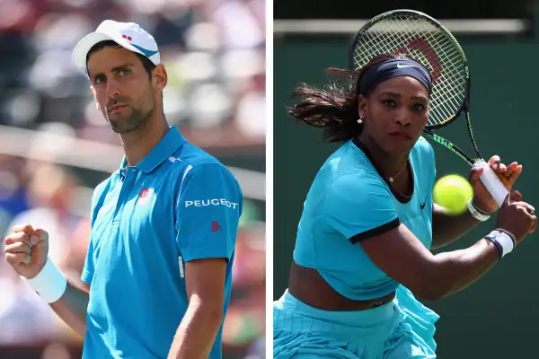 Novak Djokovic of Serbia (left) and Serena Williams of USA (right) at the BNP Paribas Open at Indian Wells Tennis Garden on March 19, 2016 in Indian Wells, California.