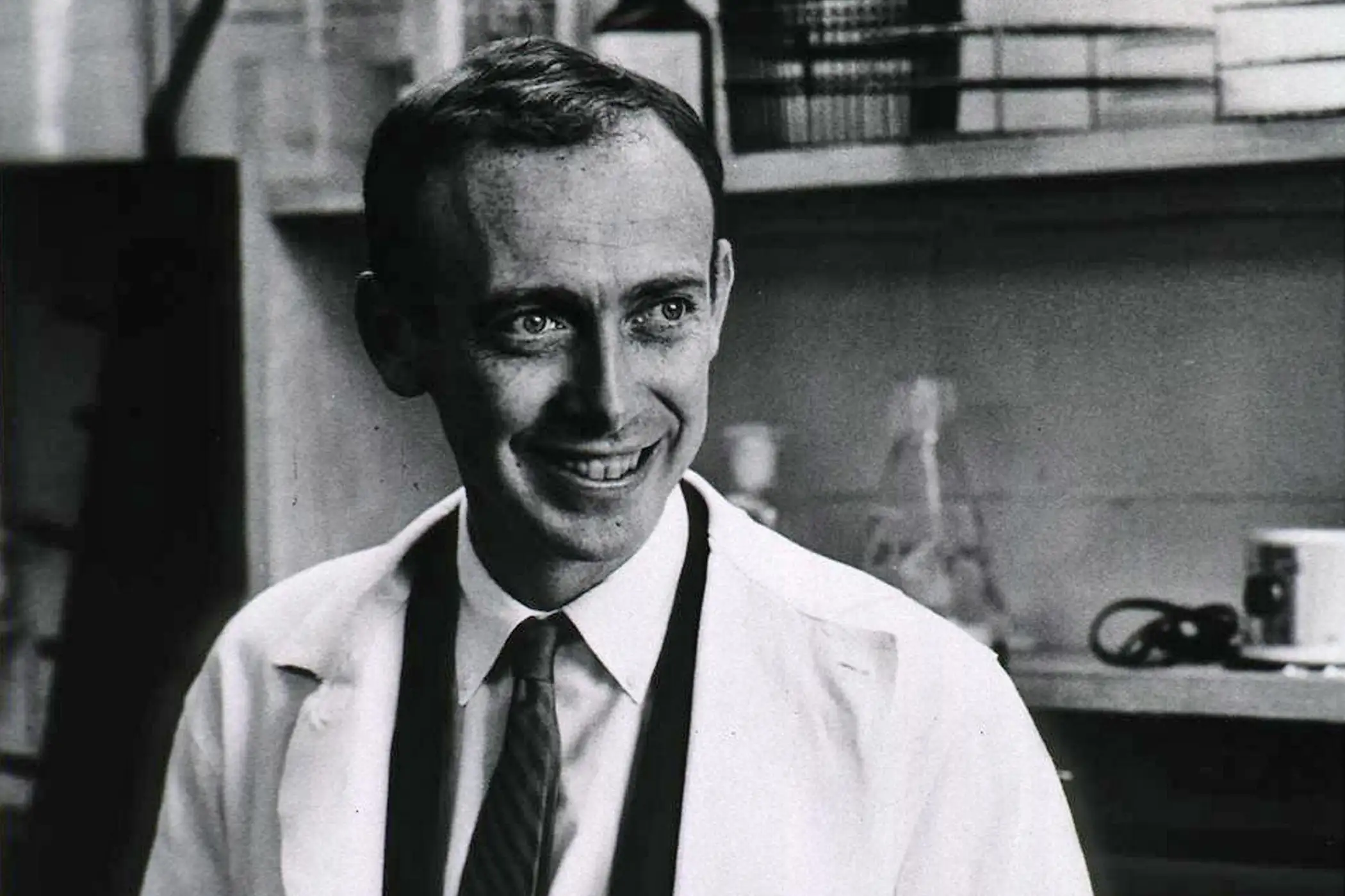 Photograph of James Watson (1928-) an American molecular biologist, geneticist and zoologist, best known as one of the co-discoverers of the structure of DNA in 1953 with Francis Crick, 1953.