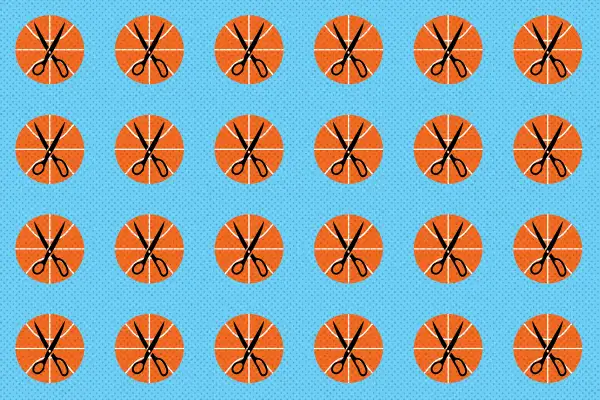 basketball with scissors tiled over blue background