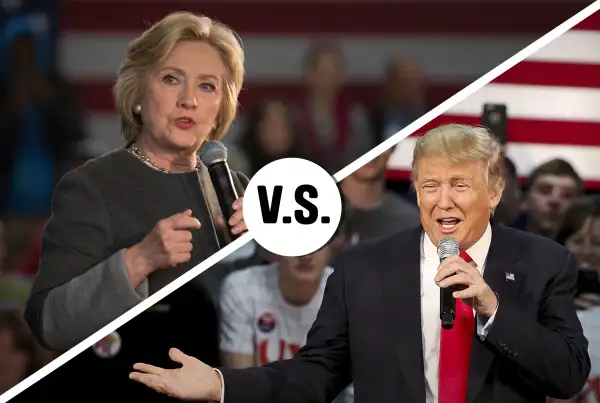 (top) Democratic U.S. presidential candidate Hillary Clinton speaks at Hillary Town Hall in Brooklyn, NY, May 4, 2016; (bottom) Republican U.S. presidential candidate Donald Trump delivers a speech at a campaign town hall event in Wausau, Wisconsin April 2, 2016.