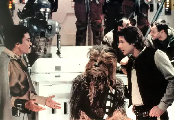 Billy Dee Williams, Peter Mayhew (Chewbacca), and Harrison Ford in Star Wars Episode VI: Return of the Jedi