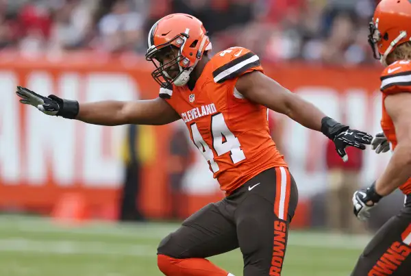 Cleveland Browns fullback Malcolm Johnson (44) celebrates after sacking San Francisco 49ers quarterback Blaine Gabbert