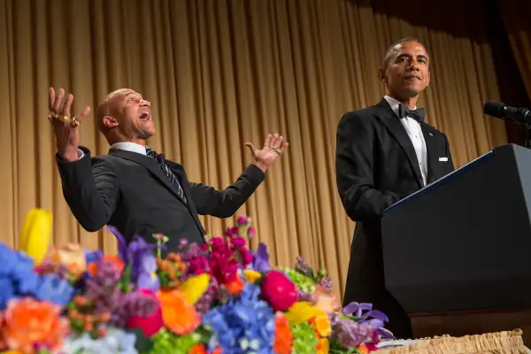 President Barack Obama, right, brings out actor Keegan-Michael Key from Key & Peele to play the part of  Luther, President Obama’s anger translator  during his remarks at the White House Correspondents' Association dinner at the Washington Hilton on April 25, 2015, in Washington.