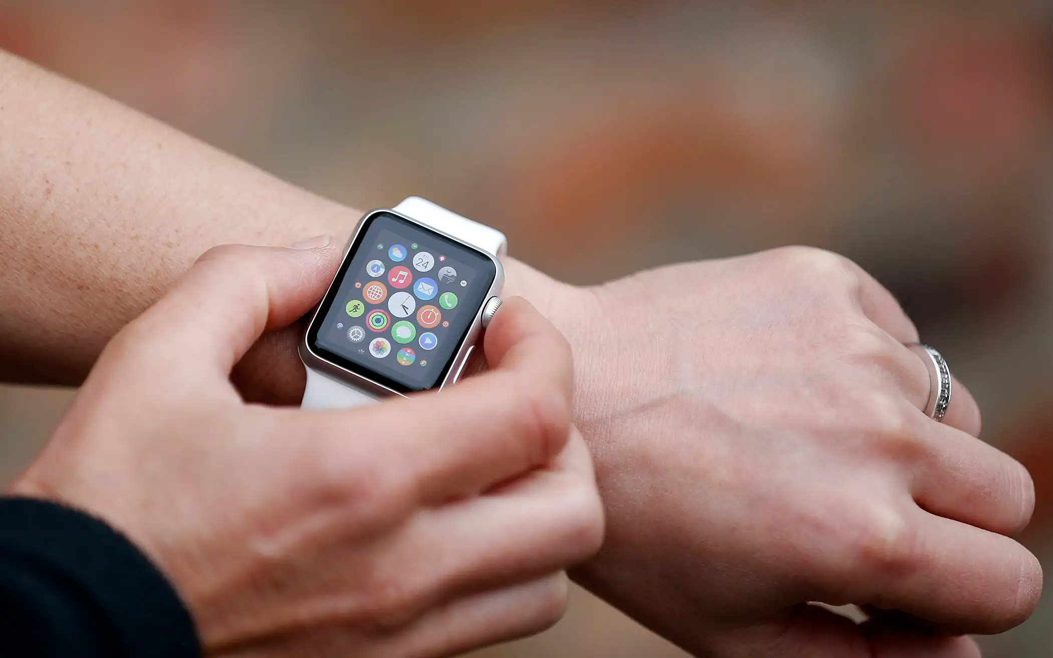 A person wearing the new Apple Watch Sport, as Apple celebrates its 40th birthday on April 24, 2015.