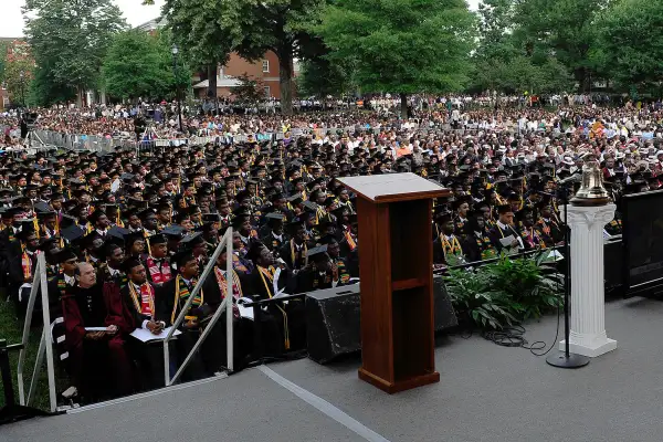 empty podium in front of graduates