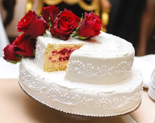 wedding cake with slice taken out