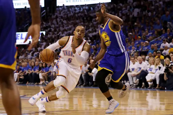 Randy Foye #6 of the Oklahoma City Thunder drives against Ian Clark #21 of the Golden State Warriors in the fourth quarter in game three of the Western Conference Finals during the 2016 NBA Playoffs at Chesapeake Energy Arena on May 22, 2016 in Oklahoma City, Oklahoma.