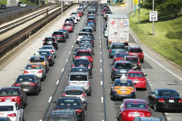 Traffic jams up on the Kennedy Expressway leaving the city for the Memorial Day weekend on May 23, 2014 in Chicago, Illinois.