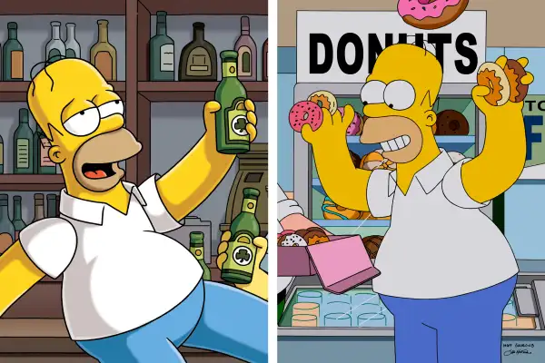 Homer Simpson with beer and donuts