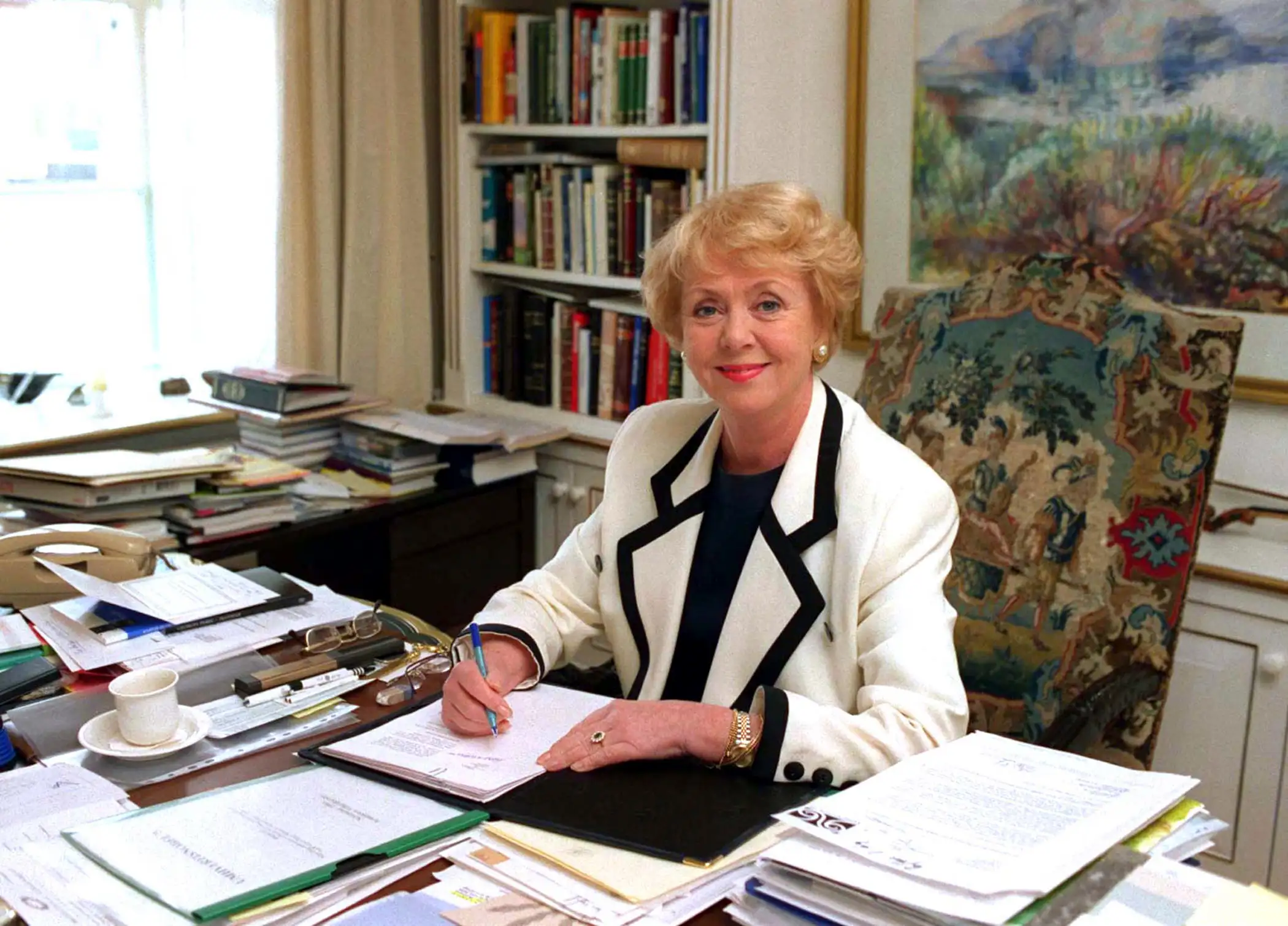 Icelandic President Vigdis Finnbogadottir, leaving her post after 16 years in office, sits at her desk June 27.